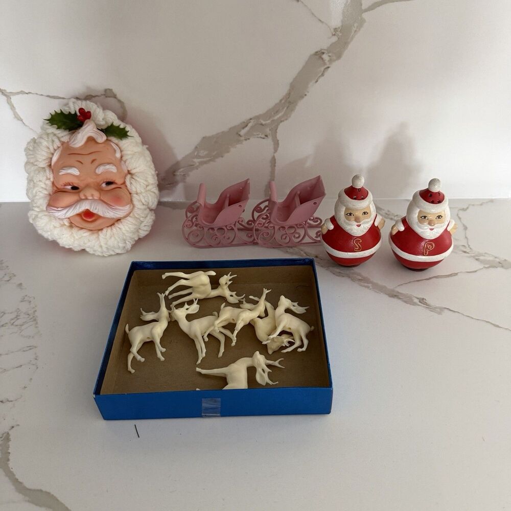 VTG Lot of Christmas MCM Kitschy Salt Pepper Santa Face Rubber Deer Blow Mold